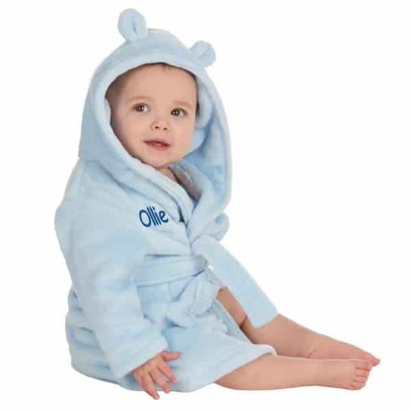 Personalised Blue Baby Robe Soft Hooded Fleece Dressing Gown