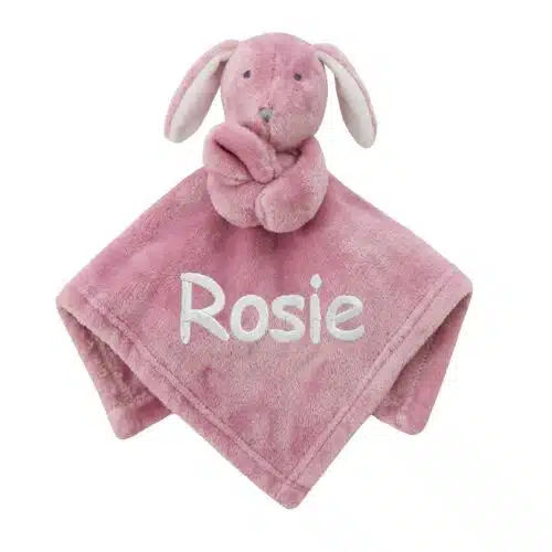 Personalised Baby Fleece Comforter Soft Novelty Gift – Dusky Pink Bunny
