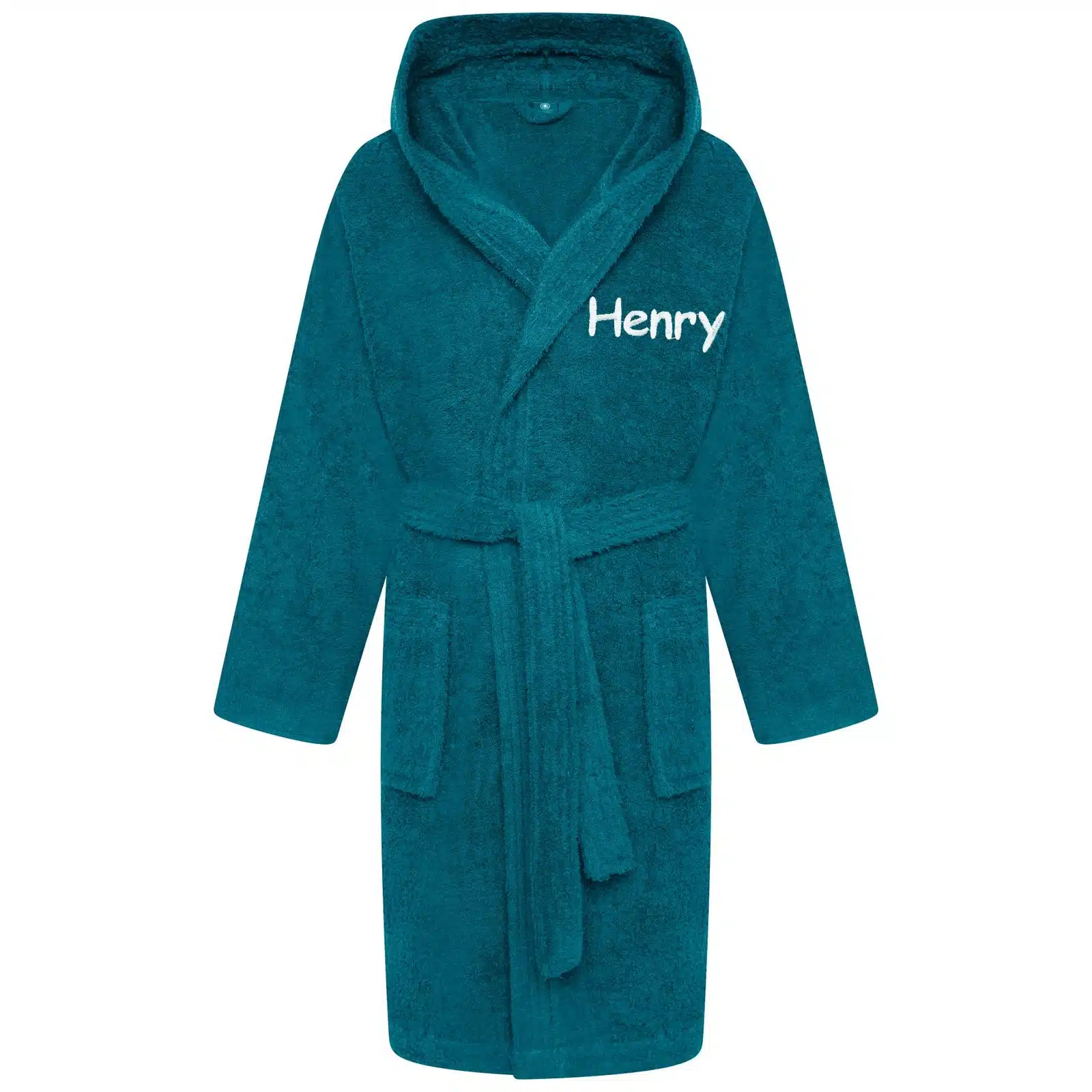 Personalised Teal Towelling Bathrobe Kids Dressing Gown 100% Cotton Hooded Perfect Gift