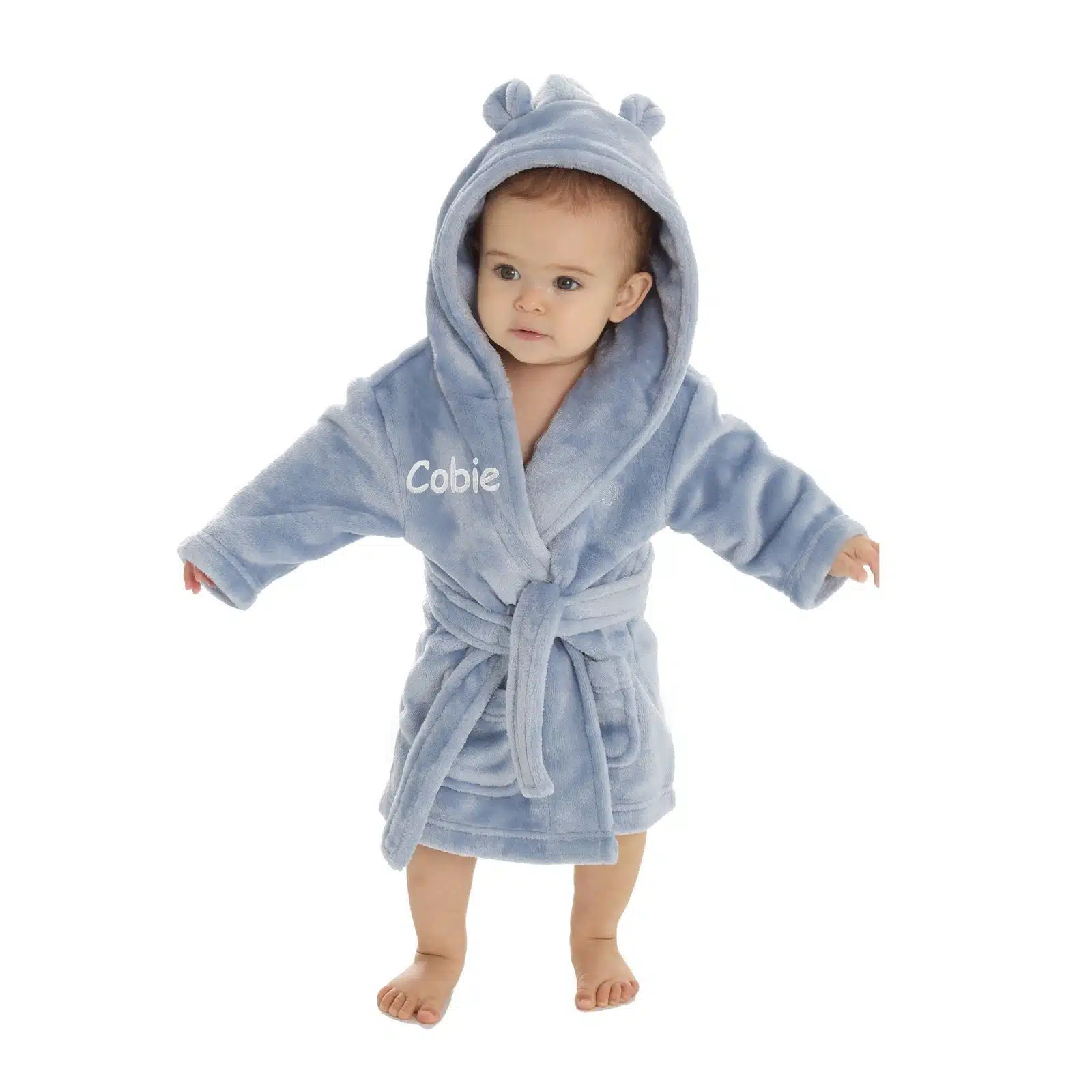 Personalised Dusky Blue Baby Robe Soft Hooded Fleece Dressing Gown