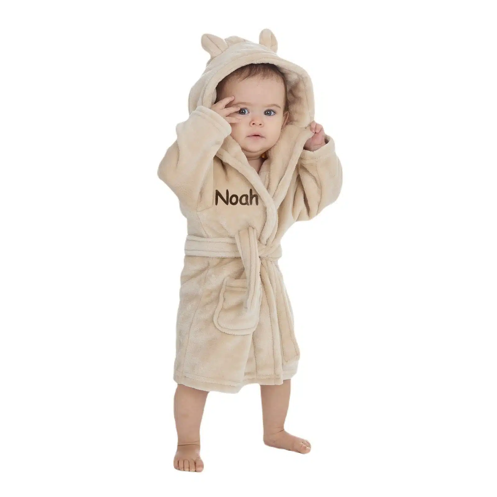 Personalised Beige Baby Robe Soft Hooded Fleece Dressing Gown