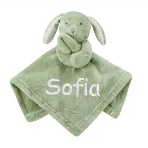 Personalised Baby Fleece Comforter Soft Novelty Gift – Sage Green Bunny