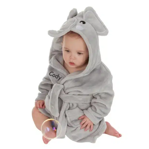 Personalised Elephant Baby Robe Soft Hooded Fleece Dressing Gown