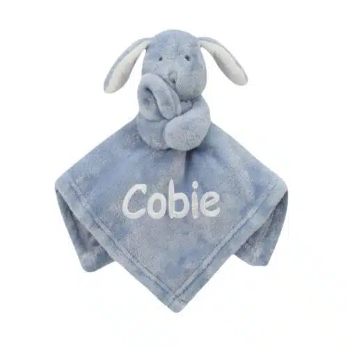 Personalised Baby Fleece Comforter Soft Novelty Gift – Dusky Blue Bunny
