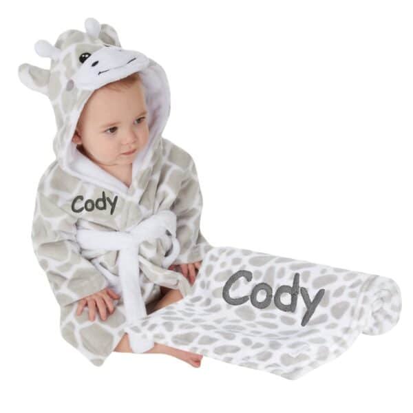 Personalised Giraffe Baby Blanket and Dressing Gown Present Gift Set