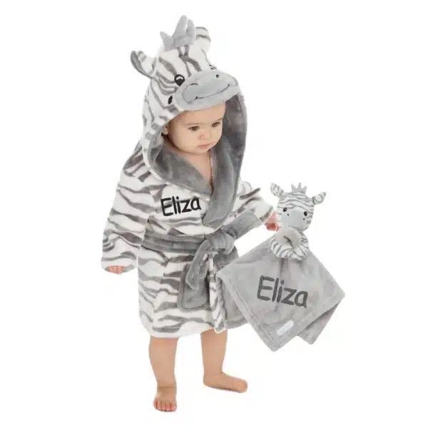 Personalised Zebra Baby Comforter and Dressing Gown Present Gift Set