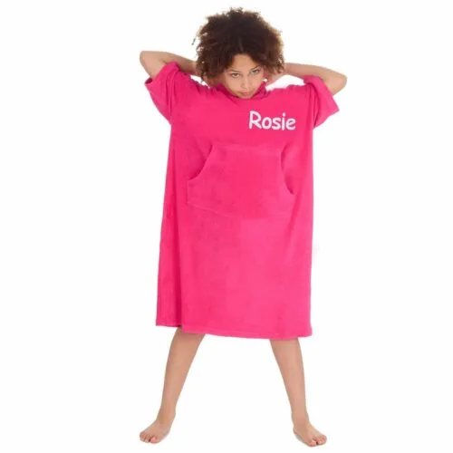 Personalised Hooded Poncho Towel Changing Robe Kids Gift – Fuchsia