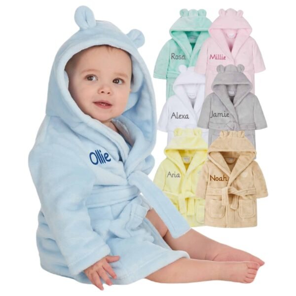 Personalised Blue Baby Robe Soft Hooded Fleece Dressing Gown