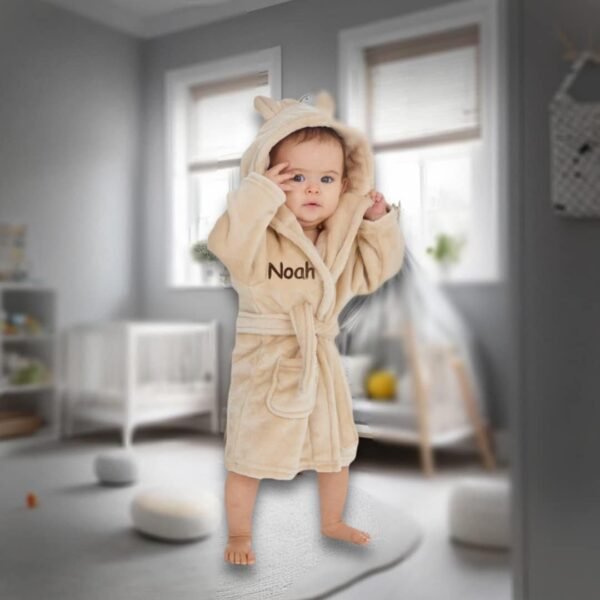 Personalised Beige Baby Robe Soft Hooded Fleece Dressing Gown