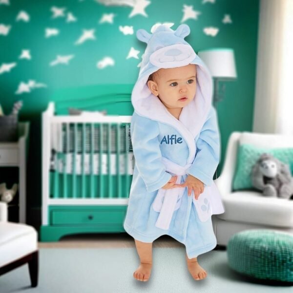 Personalised Blue Teddy Baby Robe Soft Hooded Fleece Dressing Gown