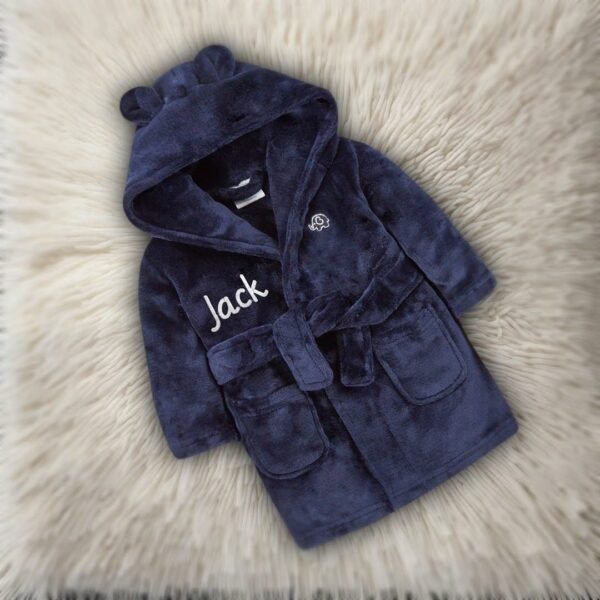 Personalised Navy Baby Robe Soft Hooded Fleece Dressing Gown