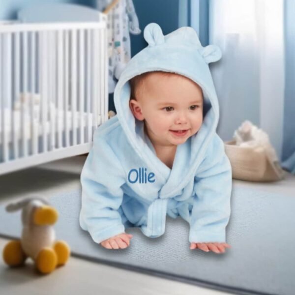 Personalised Blue Baby Robe Soft Hooded Fleece Dressing Gown