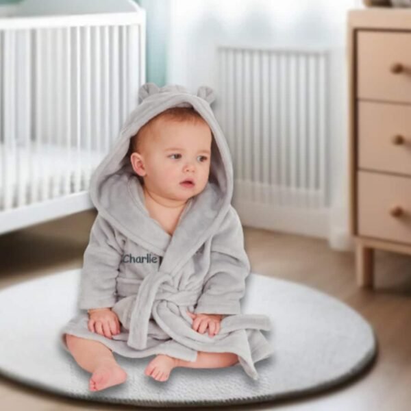 Personalised Grey Baby Robe Soft Hooded Fleece Dressing Gown