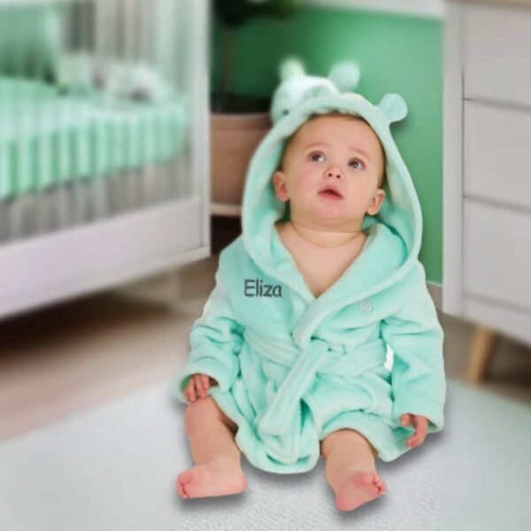 Personalised Mint Baby Robe Soft Hooded Fleece Dressing Gown