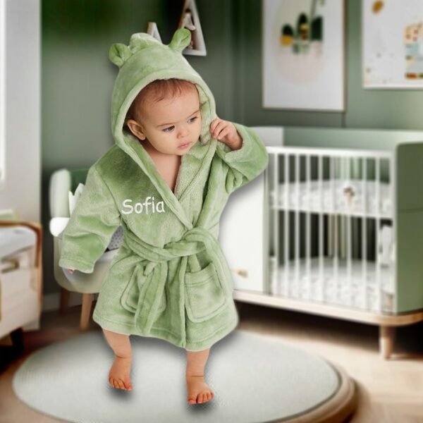 Personalised Sage Green Baby Robe Soft Hooded Fleece Dressing Gown