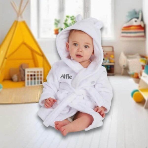 Personalised White Baby Robe Soft Hooded Fleece Dressing Gown
