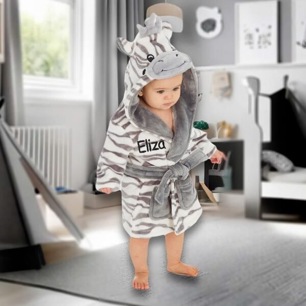 Personalised Zebra Baby Robe Soft Hooded Fleece Dressing Gown