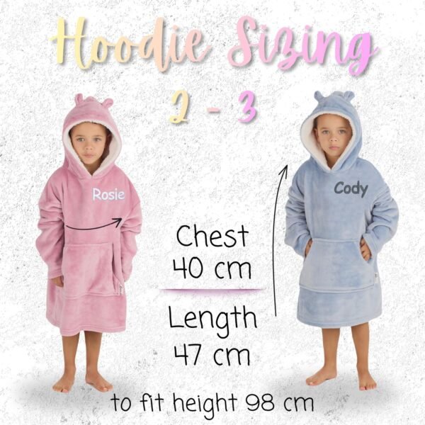 Kids hoodie blanket size guide, age 2-3 years