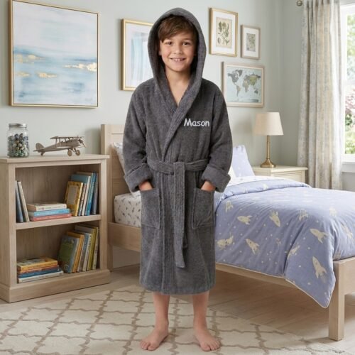 Personalised Bathrobe Kids Dressing Gown 100% Cotton Hooded Perfect Gift – Grey