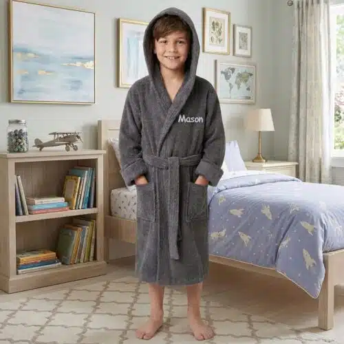 Personalised Bathrobe Kids Dressing Gown 100% Cotton Hooded Perfect Gift – Grey