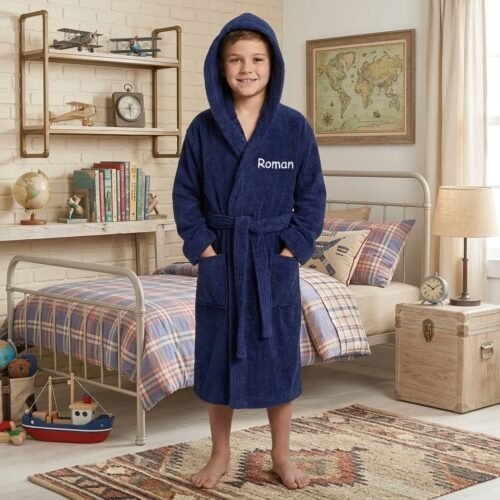 Personalised Bathrobe Kids Dressing Gown 100% Cotton Hooded Perfect Gift – Navy