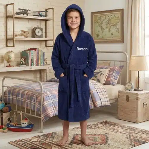 Personalised Bathrobe Kids Dressing Gown 100% Cotton Hooded Perfect Gift – Navy