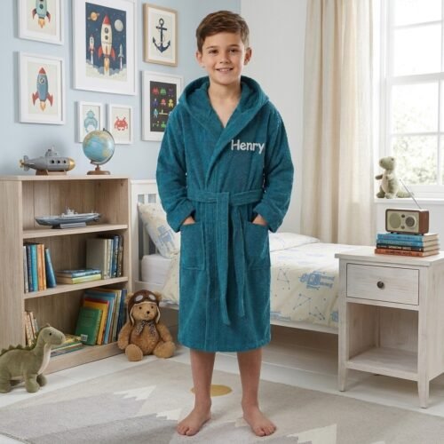 Personalised Bathrobe Kids Dressing Gown 100% Cotton Hooded Perfect Gift – Teal