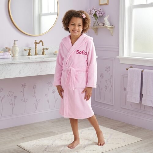 Personalised Fleece Dressing Gown Robe Soft Hooded – Light Pink