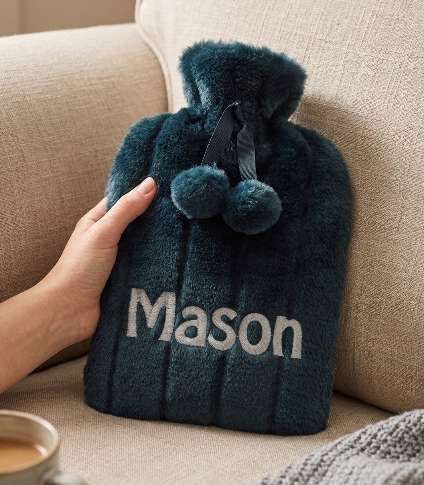 Charcoal fluffy personalised hot water bottle embroidered with Mason, shown on a sofa