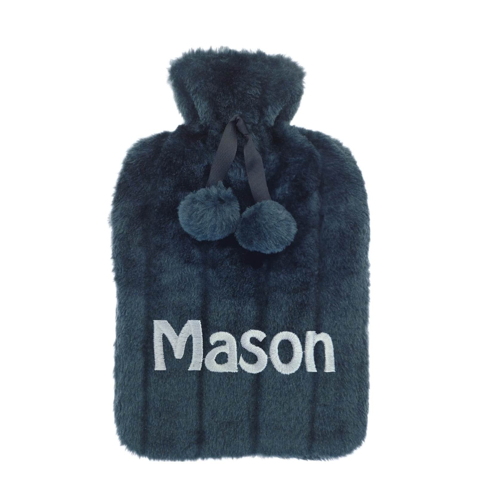 Charcoal personalised fleece hot water bottle with Mason embroidery