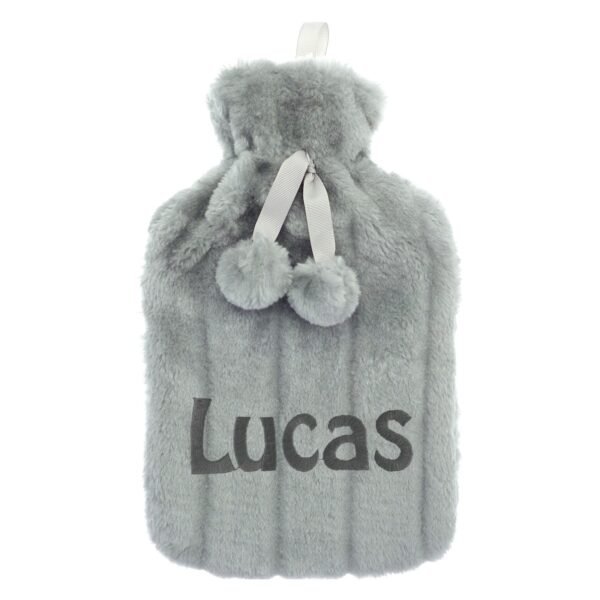 Grey personalised fleece hot water bottle with Lucas embroidery