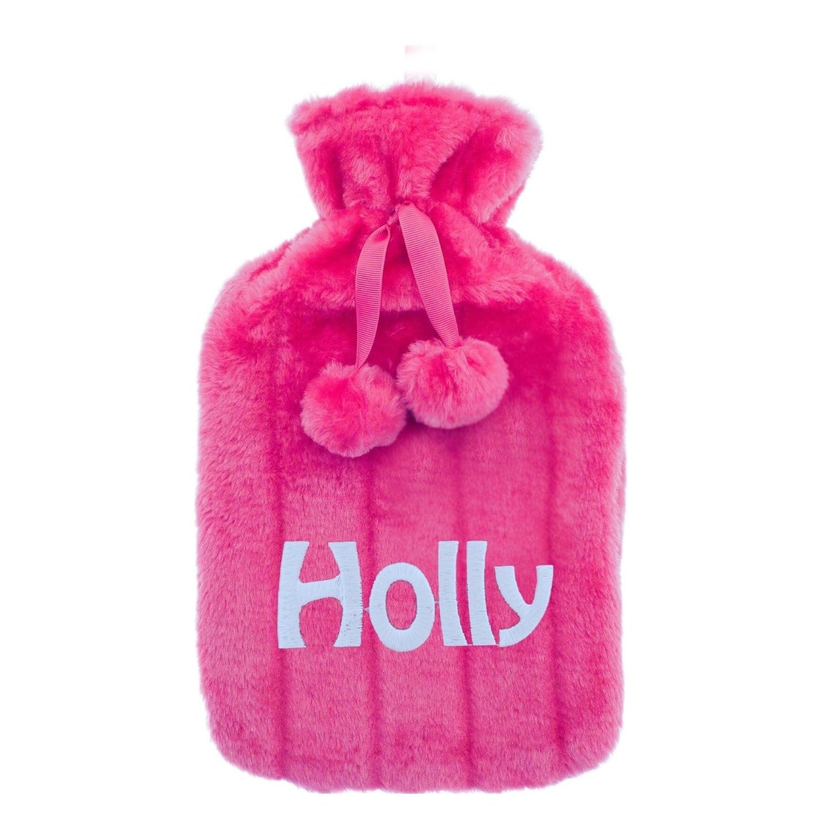 Pink personalised fleece hot water bottle with Holly embroidery