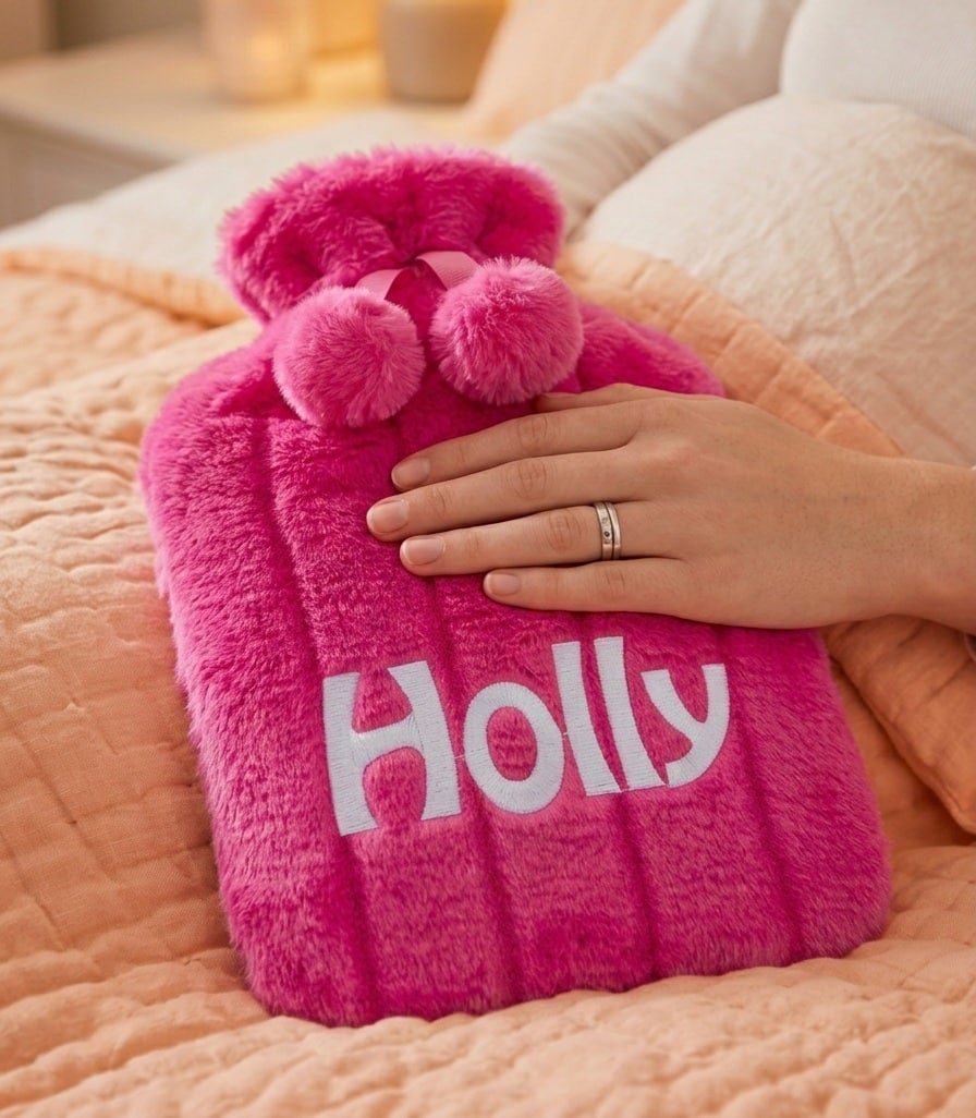 Pink fluffy personalised hot water bottle embroidered with Holly, shown on a bed