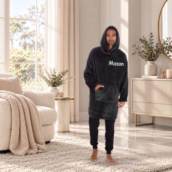 Personalised adult oversized sherpa hoodie in Charcoal embroidered with the name Mason