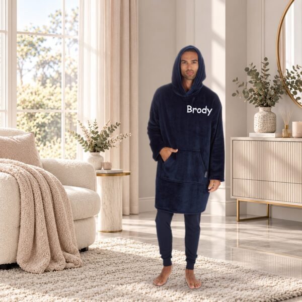 Personalised adult oversized sherpa hoodie in Navy embroidered with the name Brody