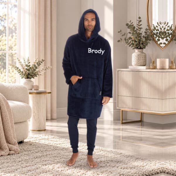 Personalised adult oversized sherpa hoodie in Navy embroidered with the name Brody