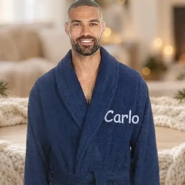 Navy personalised towelling robe embroidered with the name Carlo
