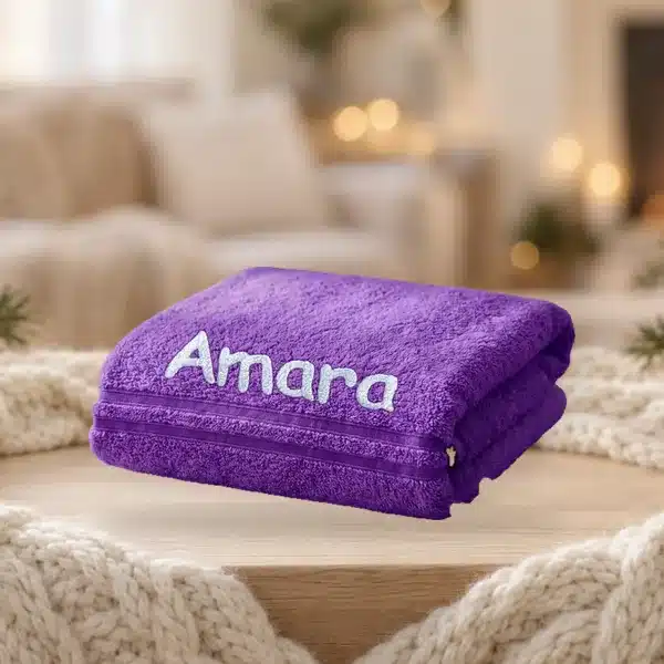 Purple personalised towel embroidered with the name Amara