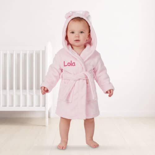 Personalised Baby Hooded Fleece Robe – Light Pink
