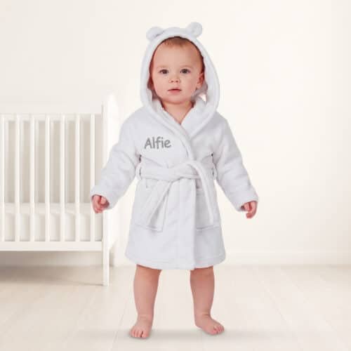 Personalised Baby Hooded Fleece Robe – White