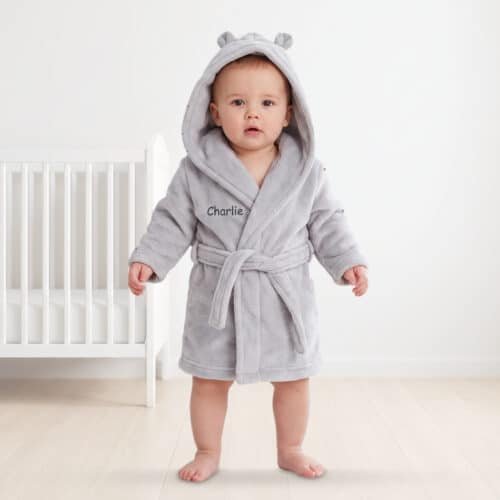 Personalised Baby Hooded Fleece Robe – Grey