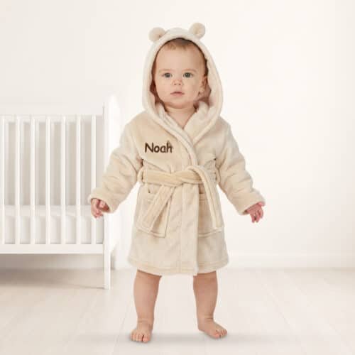 Personalised Baby Hooded Fleece Robe – Beige