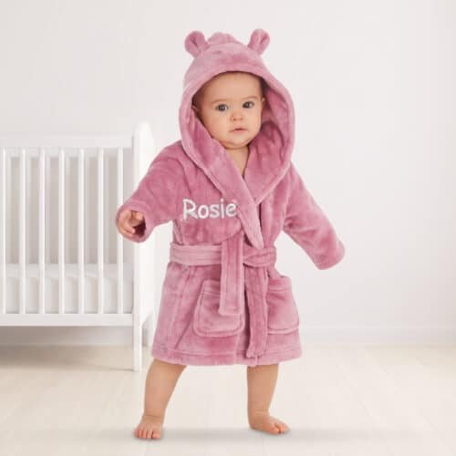 Personalised Baby Hooded Fleece Robe – Dusky Pink