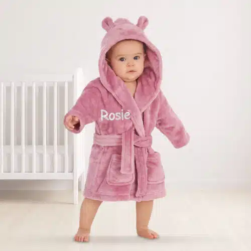 Personalised Baby Hooded Fleece Robe – Dusky Pink