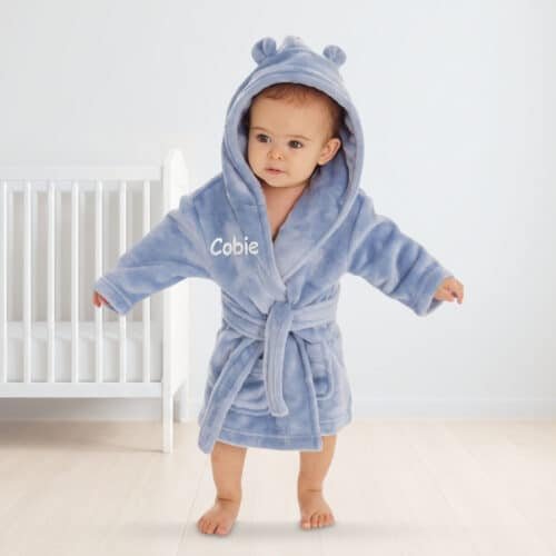 Personalised Baby Hooded Fleece Robe – Dusky Blue