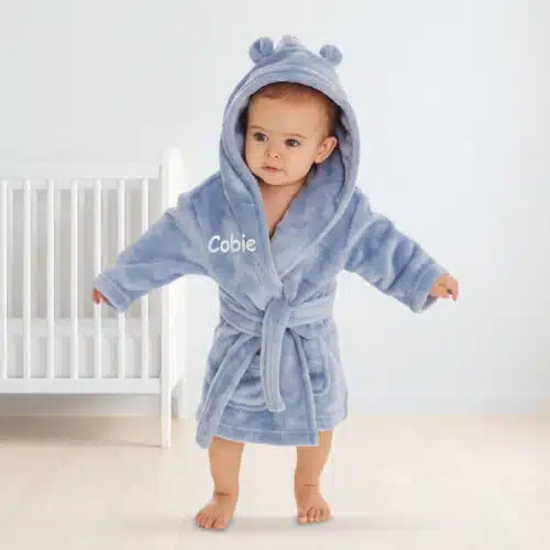 Personalised Baby Hooded Fleece Robe – Dusky Blue