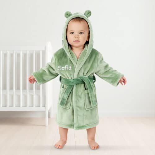 Personalised Baby Hooded Fleece Robe – Sage Green