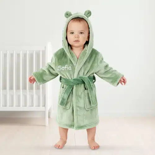 Personalised Baby Hooded Fleece Robe – Sage Green