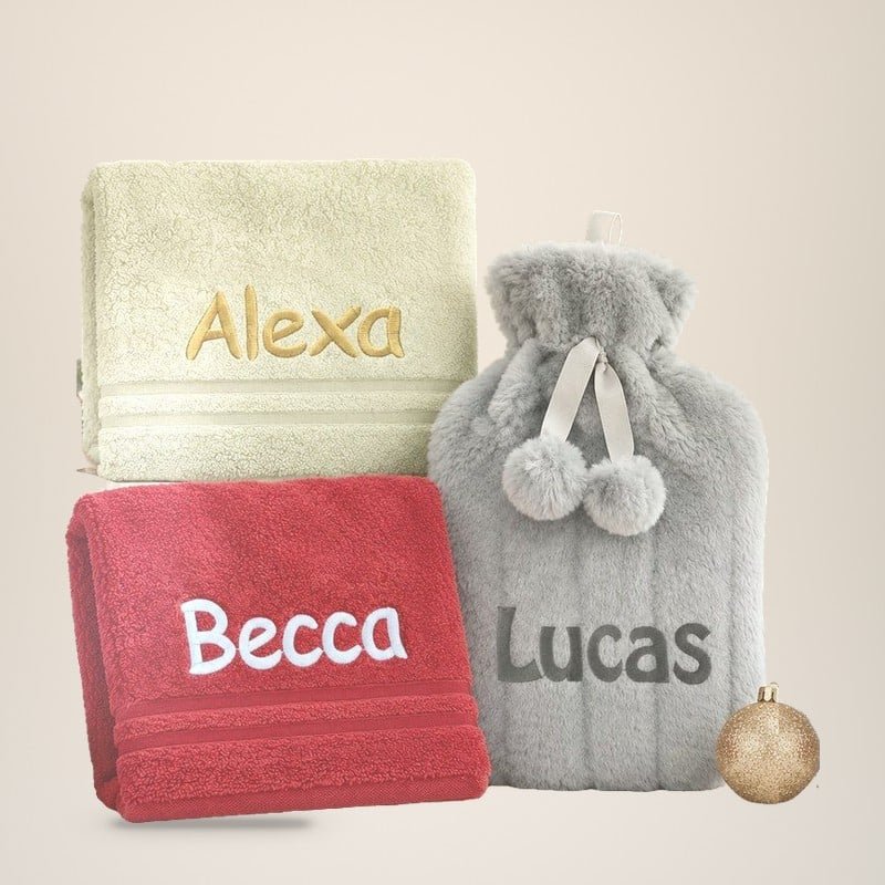 Personalised Christmas gifts – towels and hot water bottle
