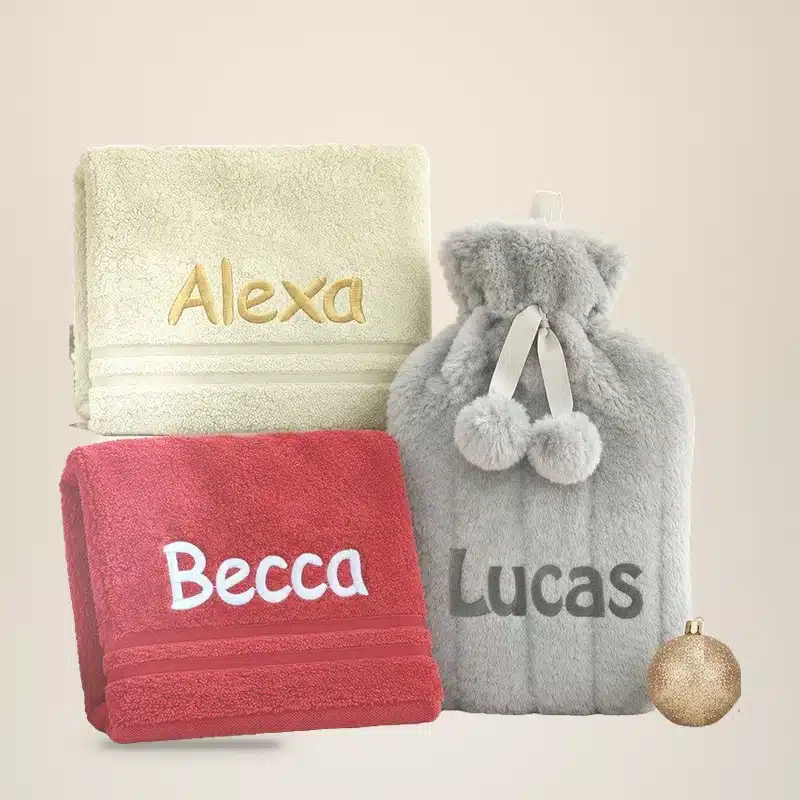 Personalised Christmas gifts – towels and hot water bottle